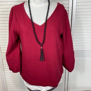LOFT Cranberry Textured V-neck 3/4 Sleeve Top/Blouse